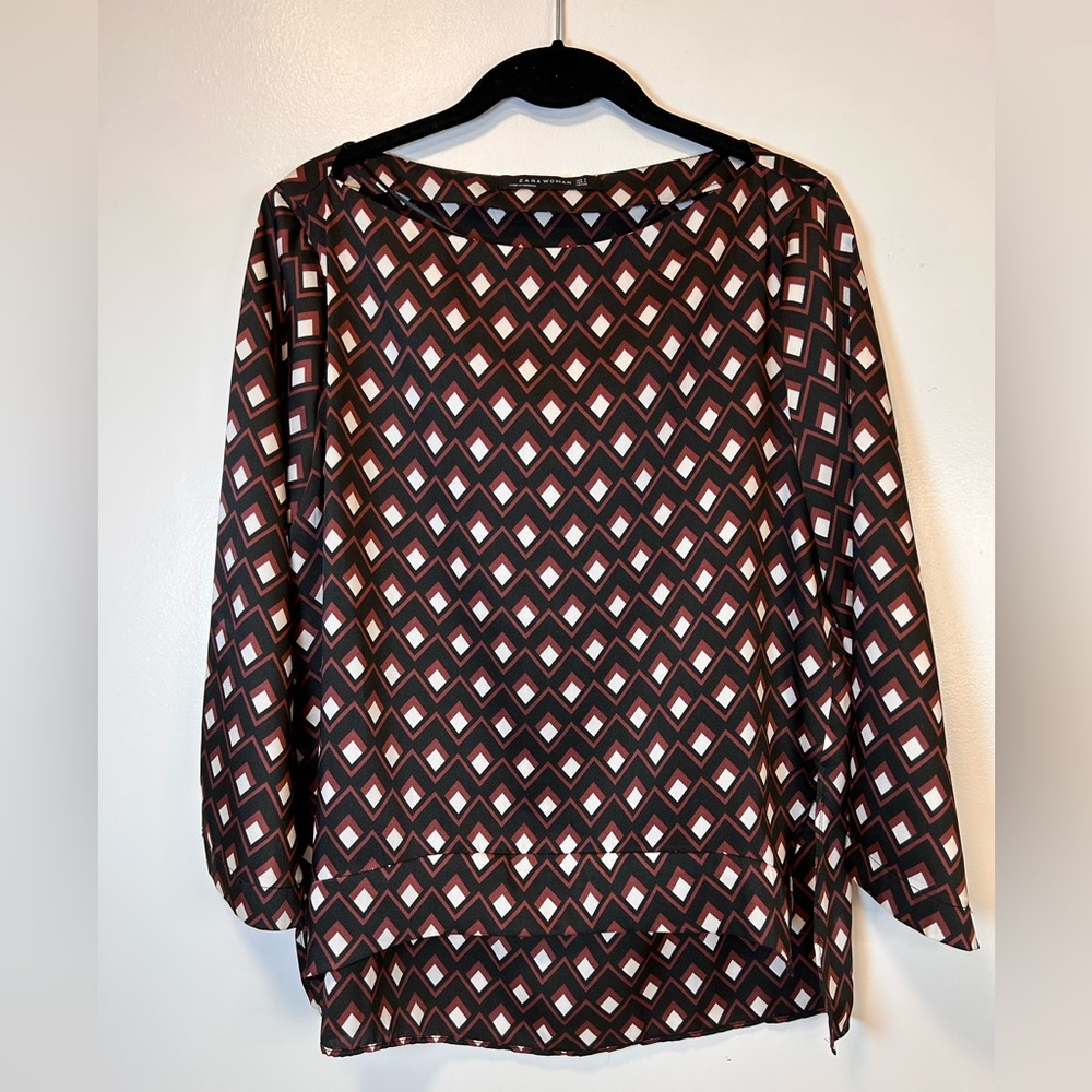 Zara Woman Geometric Diamond Print 3/4 length Sleeve Blouse Women’s Small